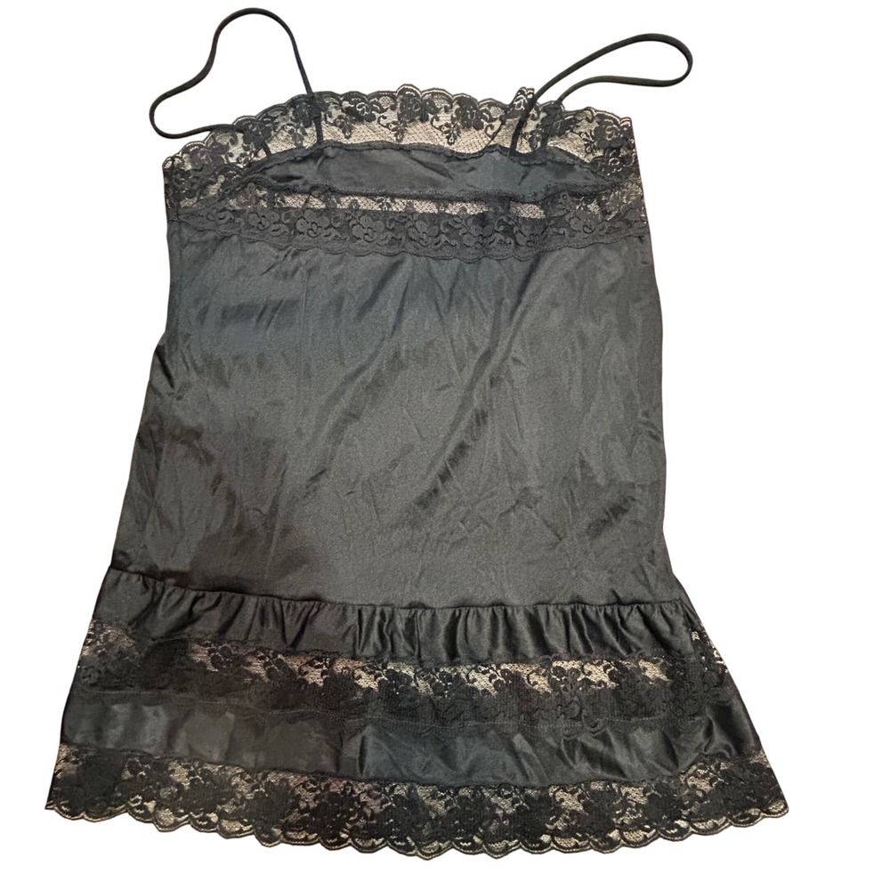 Vintage Sears Black Lace Trim Nylon Camisole Ruffle Hem Chemise Medium 12-14
